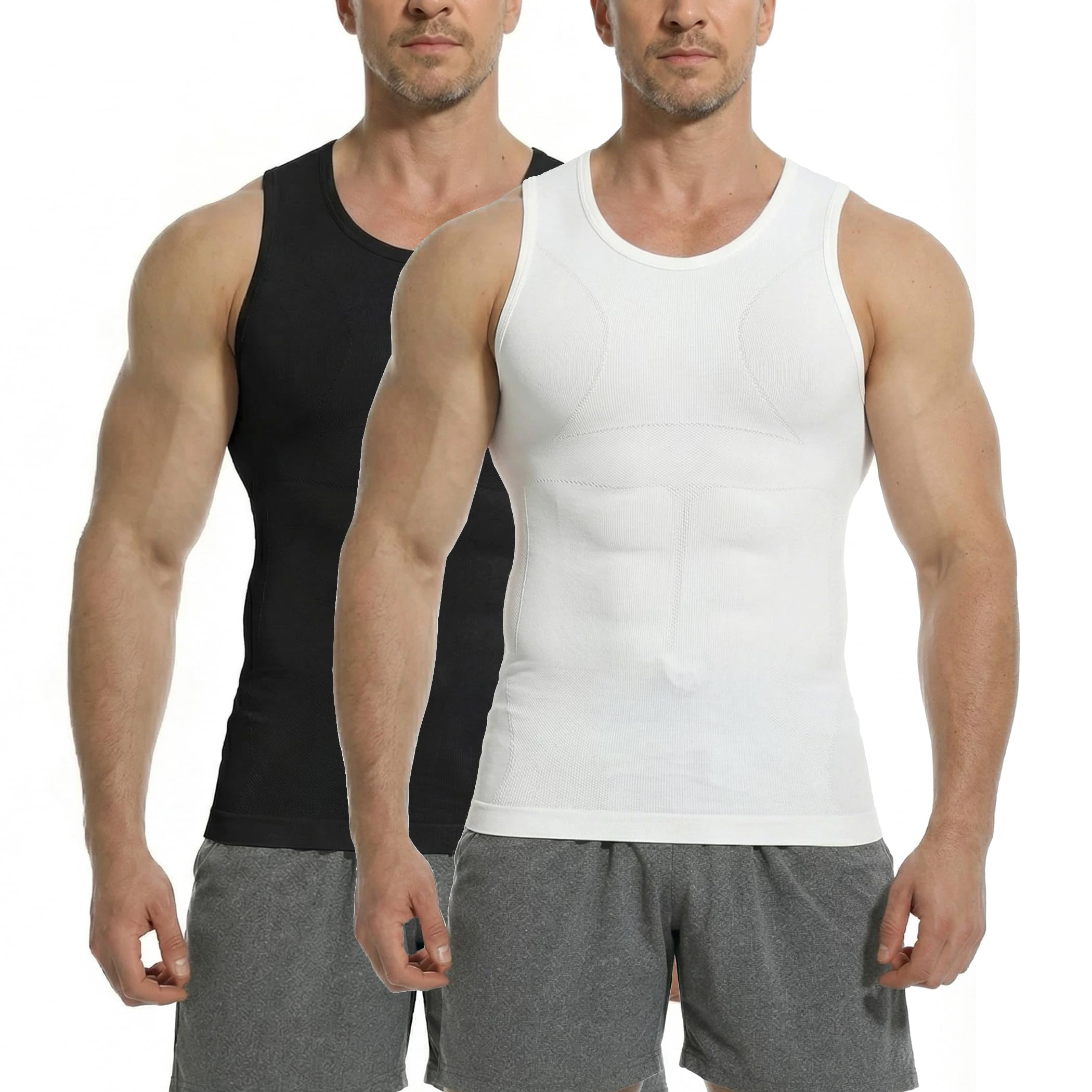 PODFAN Compression Shirt Men, Slimming Tank Top, Gynecomastia Undershirts, Tummy Control Shapewear, Mens Body Shaper Vest, Black+white, 3XL