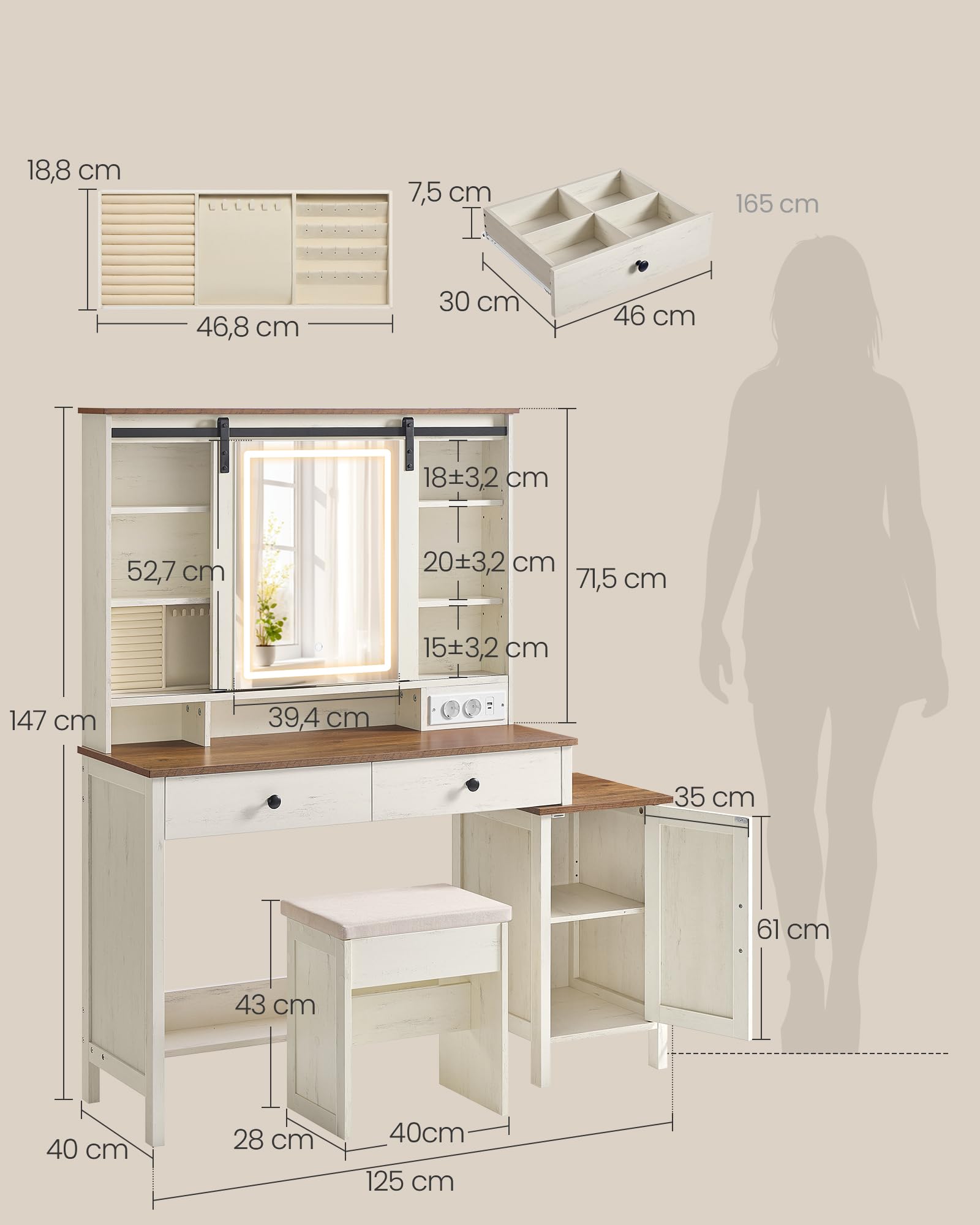 VASAGLE LIRY Colección - Tocador con Espejo y Luz, Mesa de Maquillaje de Granja con Taburete, Estación de Carga, 2 Cajones, Organizador Joyas, Blanco Rústico y Marrón Miel RDT136W01