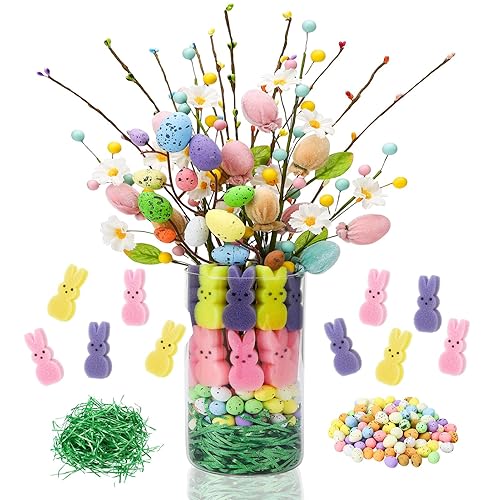 15 Pack Easter Artificial Flowers Decorations with Eggs Bunny Vase