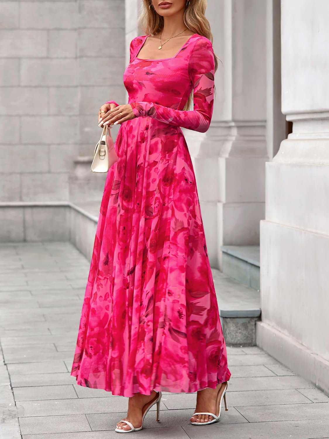 BTFBM Women Maxi Dress Fall 2026 Fashion Elegant Long Sleeve Square Neck Floral Print Party Club Wedding Guest Dresses - Image 6