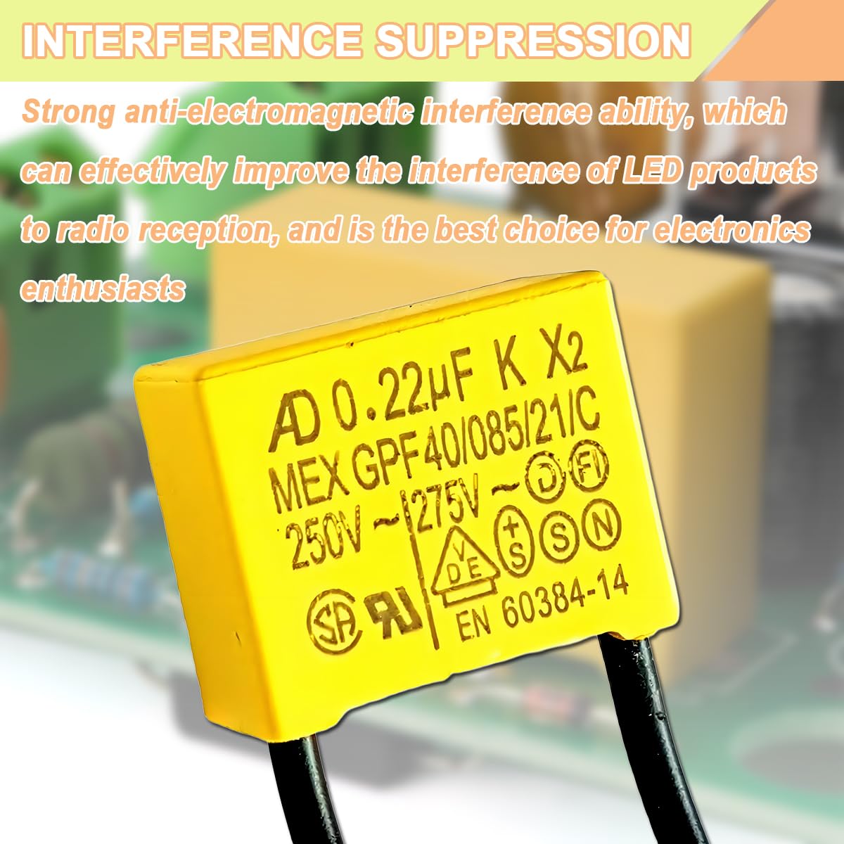 10 sztuk Polipropylen 0,22 uF 275V X2 MKP folia ochronna kondensatory do tłumienia zakłóceń w trybie różnicowym, 12 x 18 x 50 mm