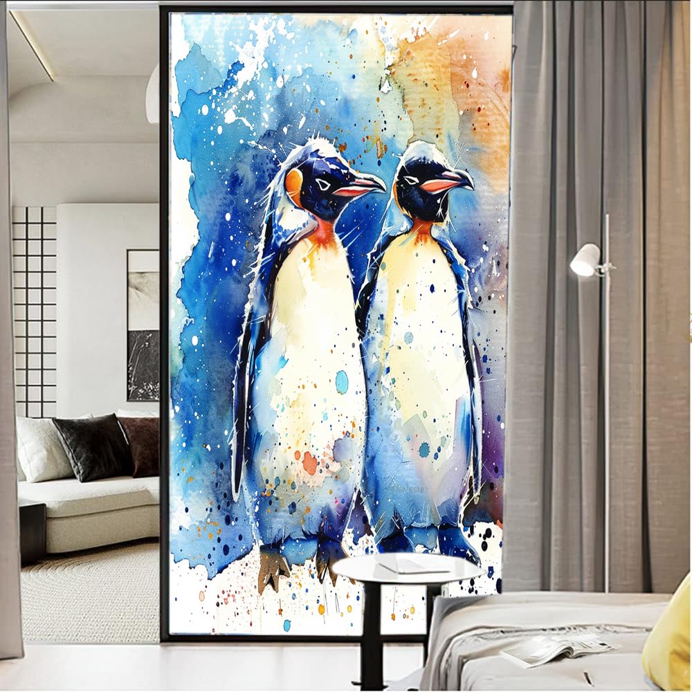 Abstrakter Pinguin-Fenster-Sichtschutzfolie, Retro-Blau, niedliches Tier, Milchglas-Fensterfolie, dekorative statische Haftung für Glas für Zuhause, 80 x 120 cm