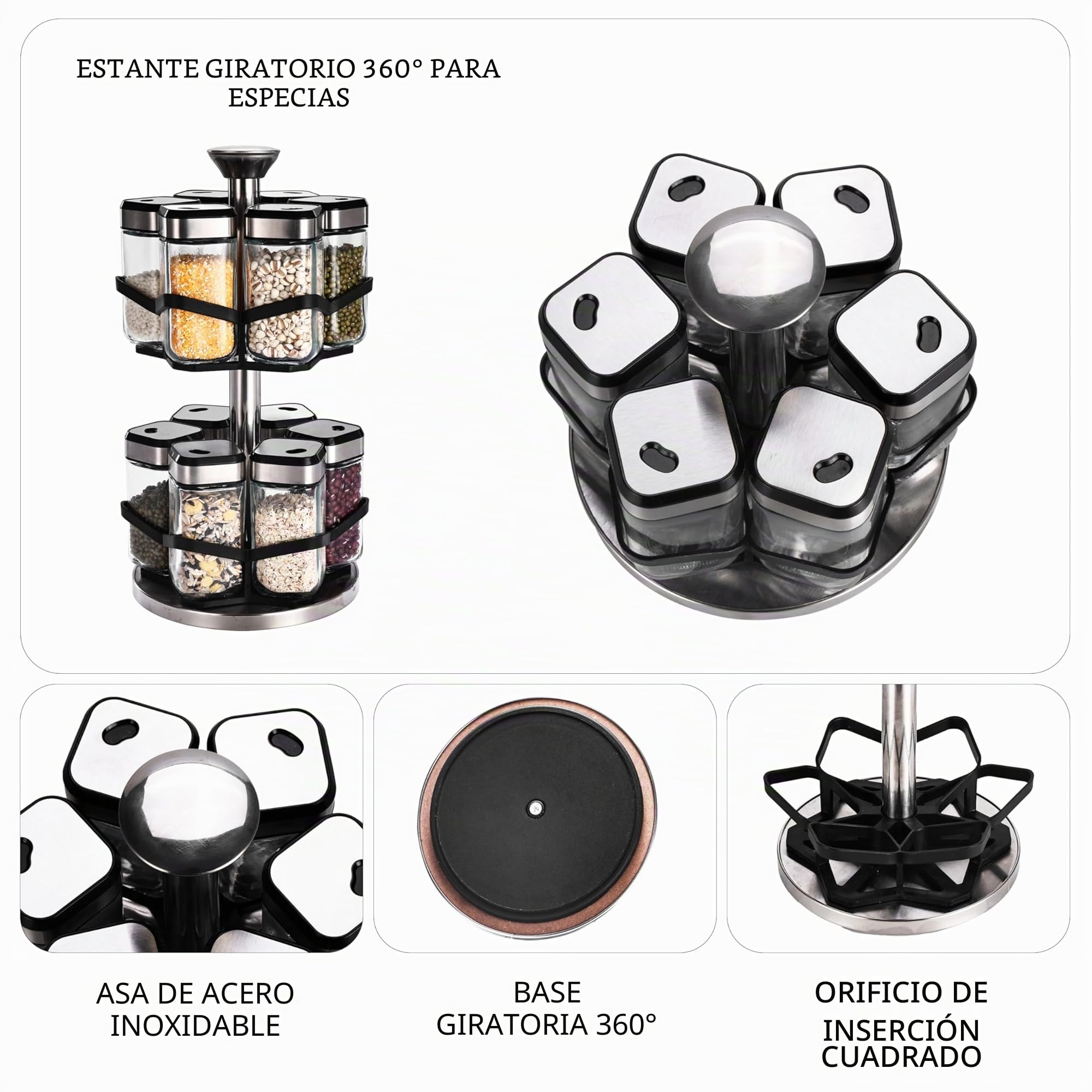 SAEIV Carro de especias giratorio de dos pisos de 360° con 12 tarros de especias de 120ml, elige el tamaño de agujero de 360°, carro de especias giratorio, organizador de especias de acero inoxidable