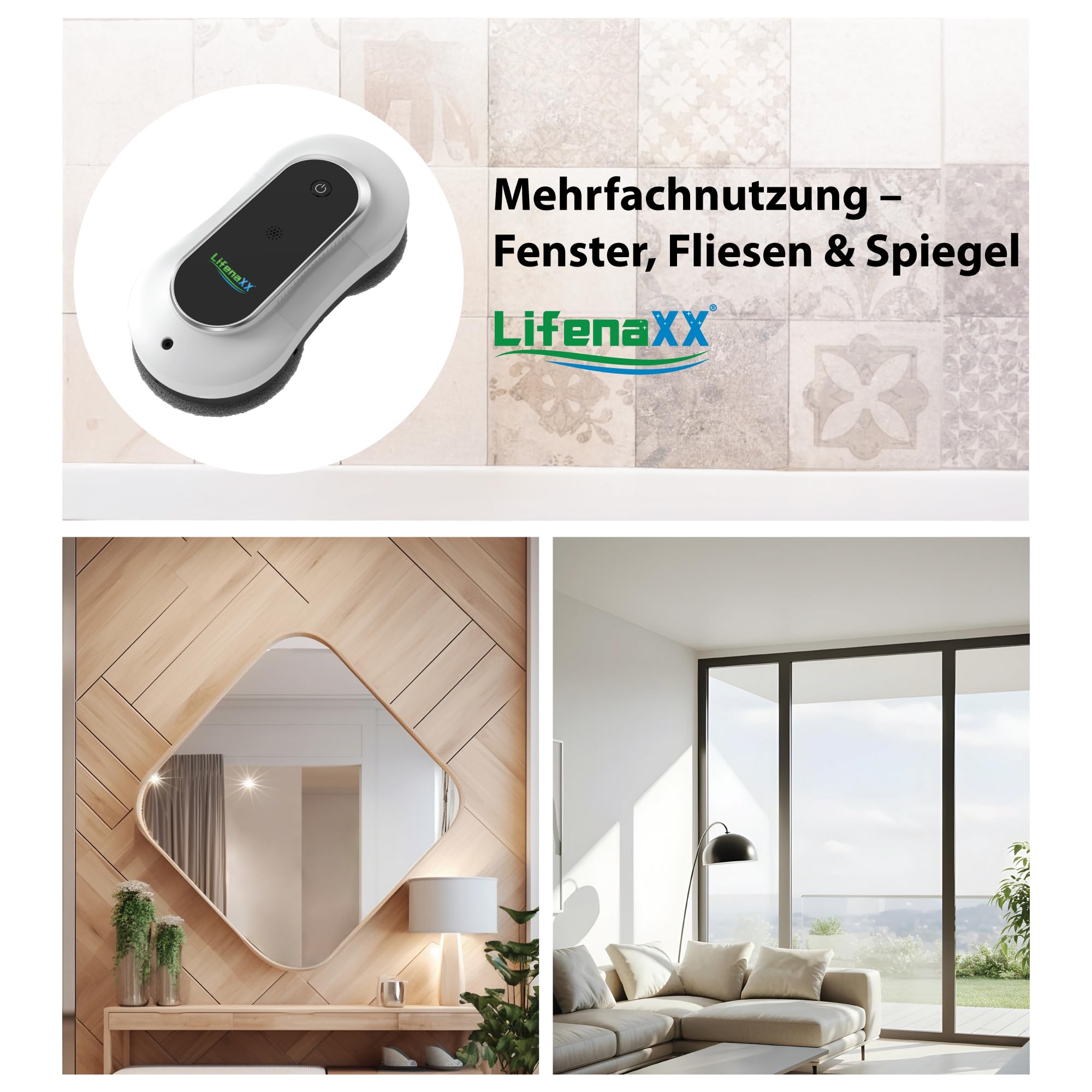 Lifenaxx Fortschrittlicher Fensterreinigungsroboter LX-055, elektrischer Fensterreiniger mit 2 Sprühdüsen, hohe Saugkraft, großer 70-ml-Wassertank, Fernbedienung – ideal für Fenster, Fliesen, Spiegel
