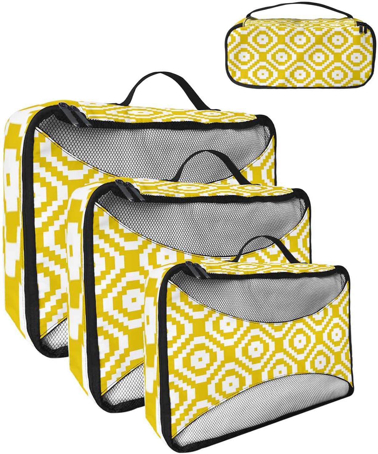 Modern Abstract Square Yellow White 4 Set Packing Cubes, Geometric Texture Packing Cubes for Carry on Suitcase Travel Essential Bag for Clothes Shoes Cosmetics Toiletry