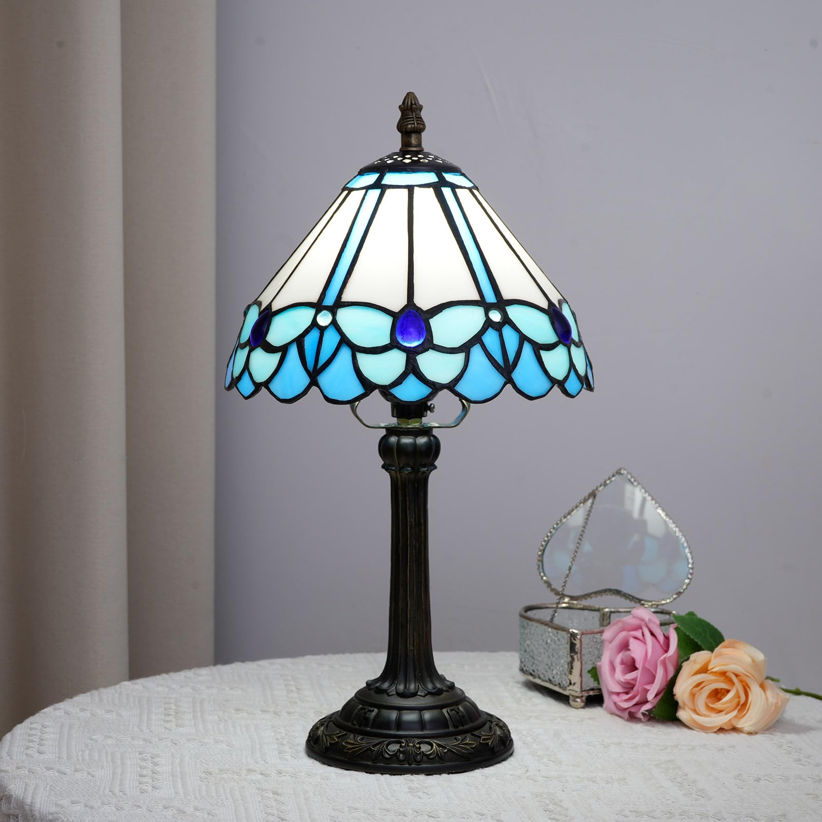 Tiffany lampa niebieska w stylu motyla, lampa do czytania, 8 x 8 x 14 cali, do sypialni, stolik nocny, lampka nocna, do domu, biura, lampa na biurko z żarówką LED