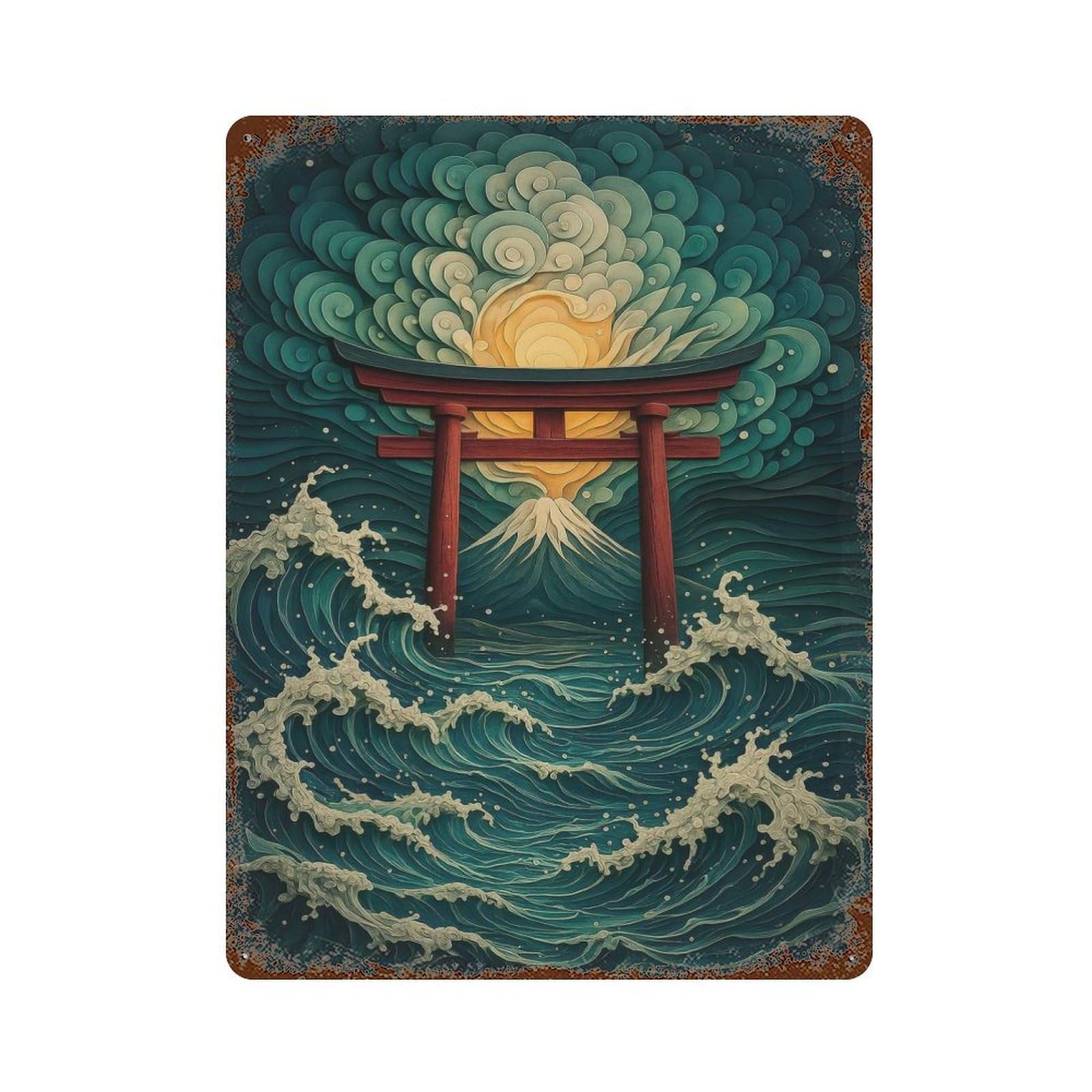 Japanese Torii Gate And Ocean Waves Weathered Tin Sign 15.7"x11.8", Rustic Home Decor for Office, Studio And Wall Decor