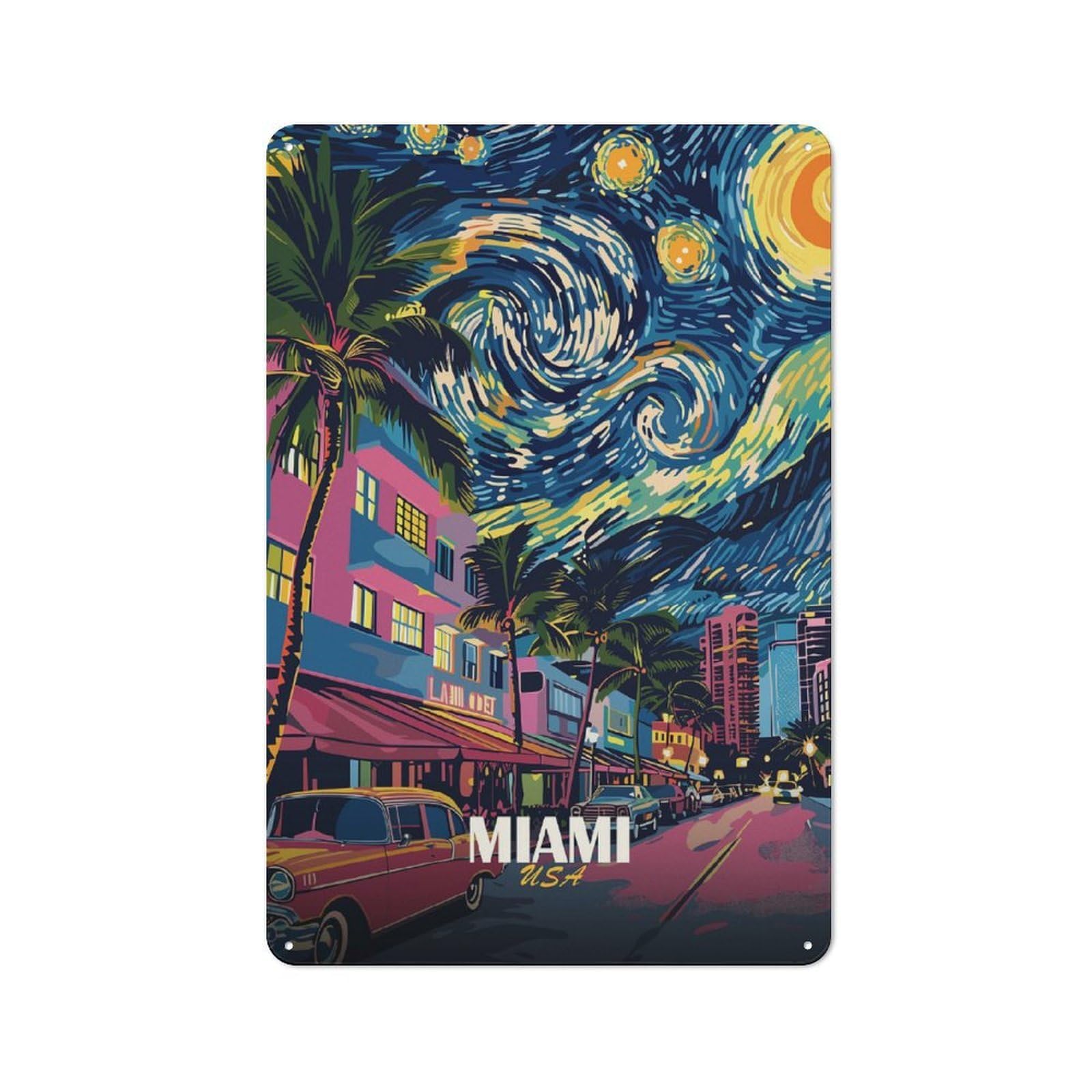 Junmoney Style Miami Usa Starry Night Art Retro Metal Wall Decor 30X20cm, Retro Metal Sign For Garage, Hobby Room, Office Or Man Cave