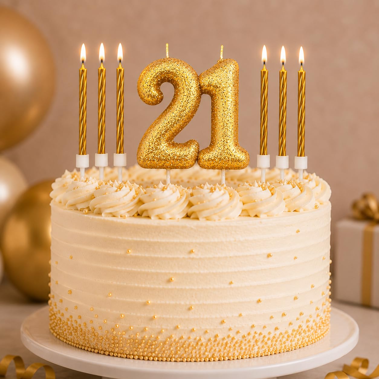 21st Birthday Gold Candle Kit, Glitter Number 21 Candle with 12 Metallic Spiral Cake Candles and Holders, Birthday Cake Decorations, Pack of 13