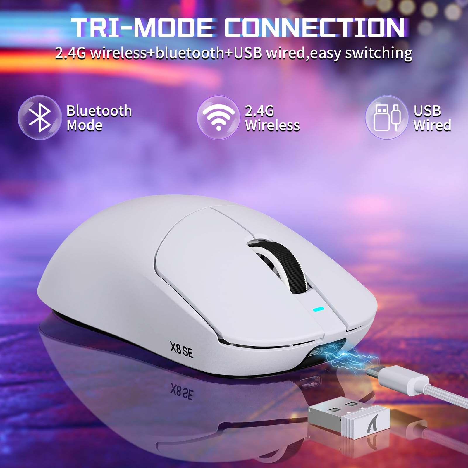 MAMBASNAKE X ATTACK SHARK X8SE 55g Souris gaming sans fil ultra-légère-Jusqu'à 25000DPI,capteur PAW3311,trimode BT/2,4G/USB-C,80 millions de clics,accélération 40G,500mAh,pilote web,pour Win/Mac-Blanc