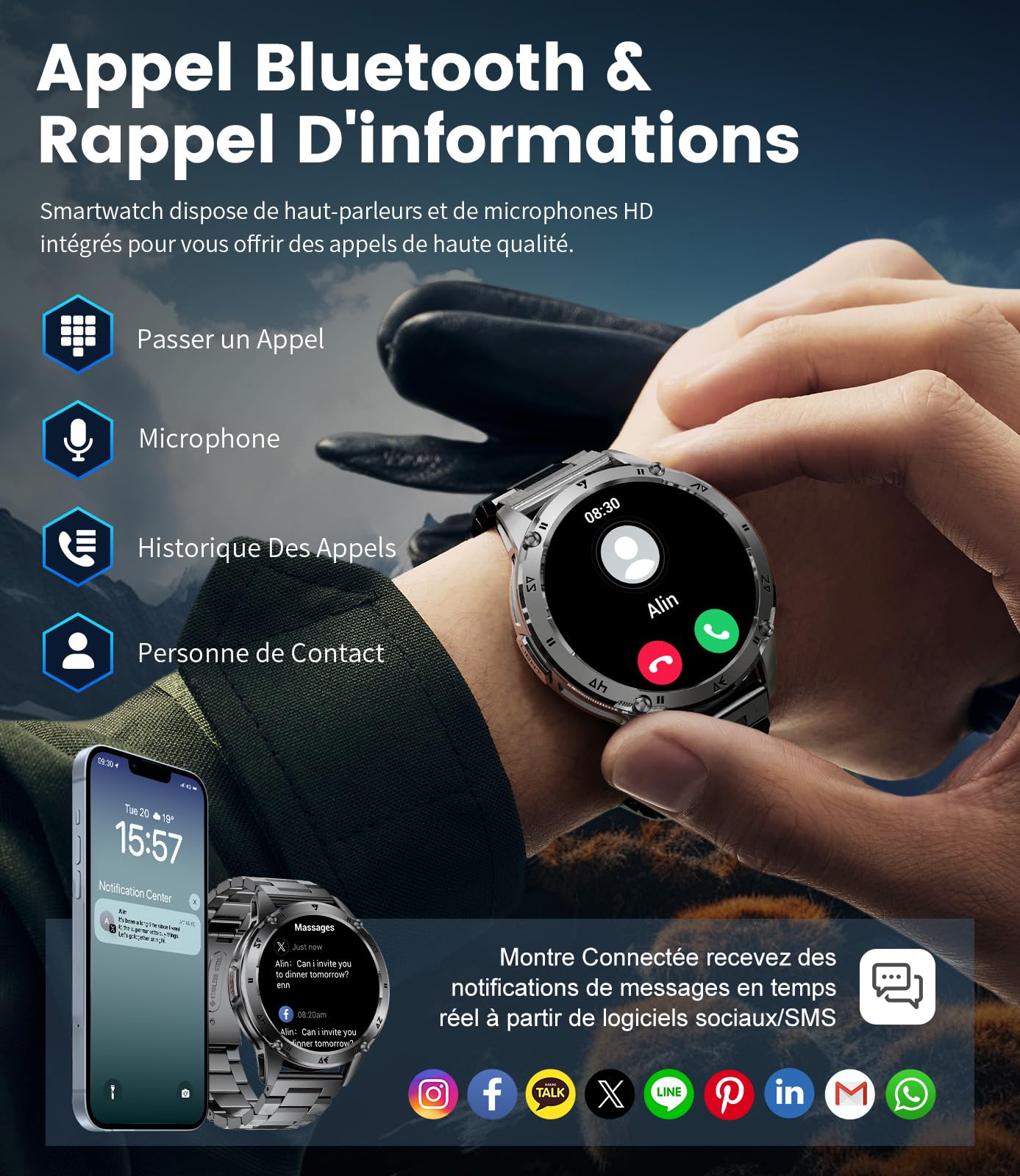 Montre Connectée Homme avec Appels Bluetooth, 1.43'' HD Amoled Écran Smartwatch Homme avec Fréquence Cardiaque, Sommeil, SpO2,110+ Modes Sportifs, IP68 Étanche Android iOS