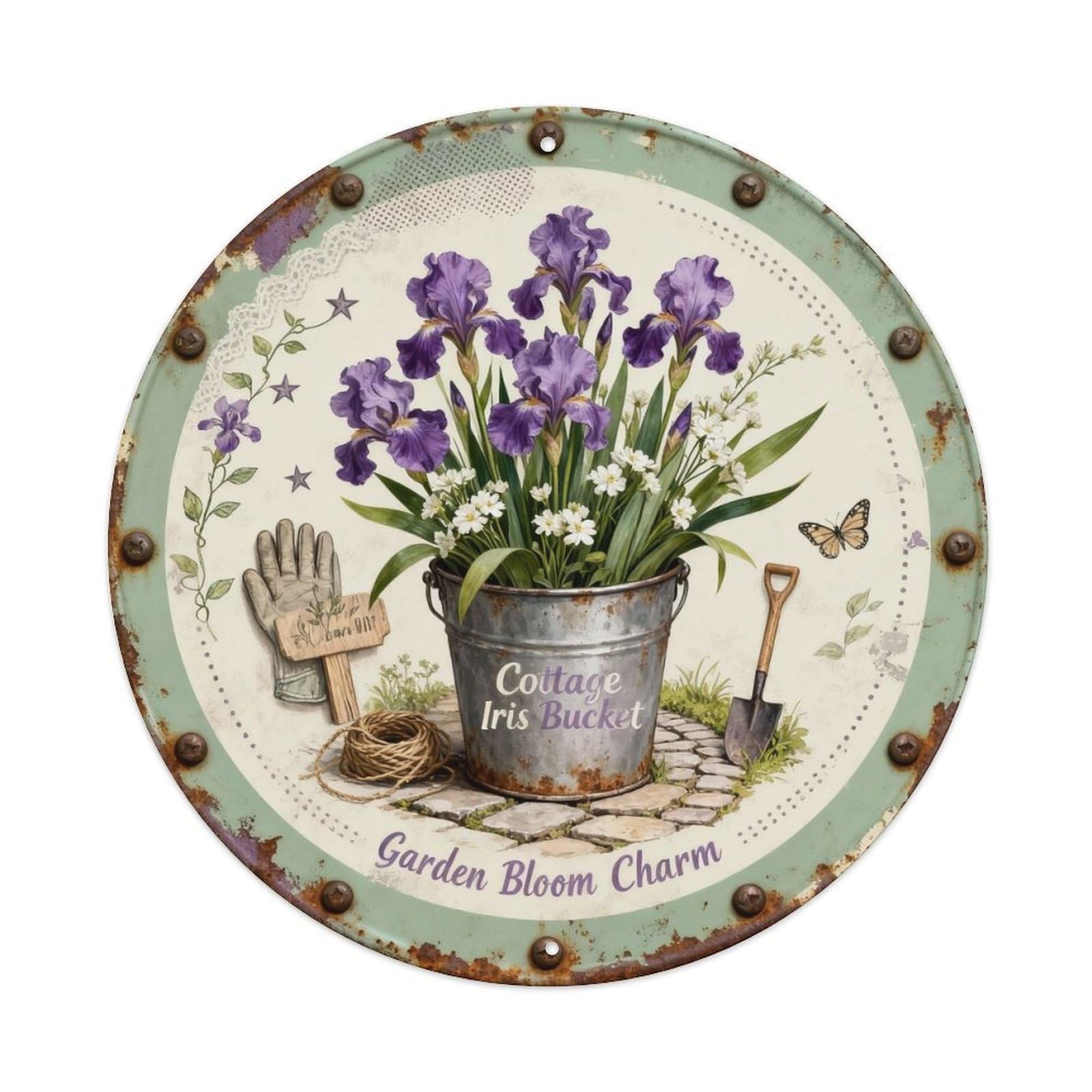 Cottage Iris Bucket Metal Tin Sign Plaque