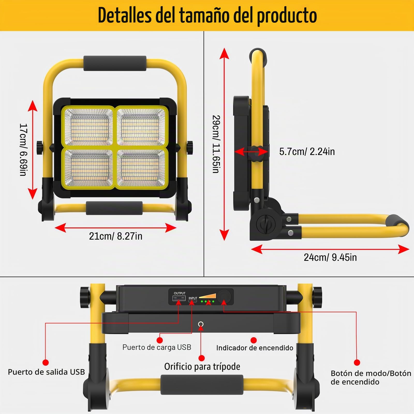 MASMEJOR Foco LED Recargable Solar, 16000LM, 15000mAh, Mando a Distancia | 160W, 552 LEDs, Soporte Metálico, 4 Modos de Luz, Salida USB, Portátil para Camping, Construcción, Garaje, Pesca, Emergencia
