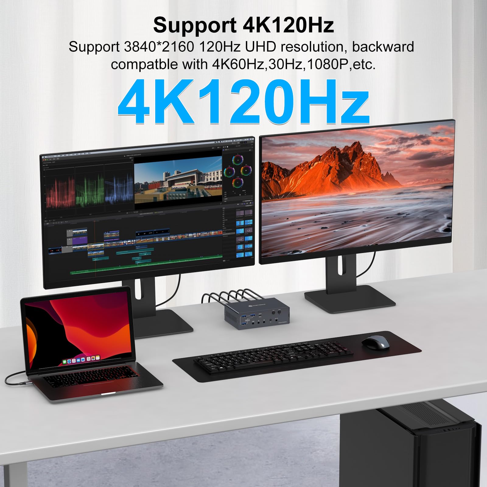 VEDINDUST 4K 120Hz KVM Switch Docking Station per 2 Laptop e 2 Monitor, Dock Thunderbolt con 2 Porte USB-C MST 1G, Ethernet 1G, Porta per Cuffie e Microfono, supporto per la Modalità Estesa