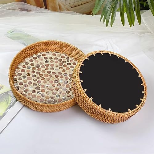 Miniatura 2 de Bandeja redonda de ratán de 12 pulgadas con incrustaciones de madreperla, bandeja decorativa para comer, bandeja de mesa de café, bandeja de mimbre