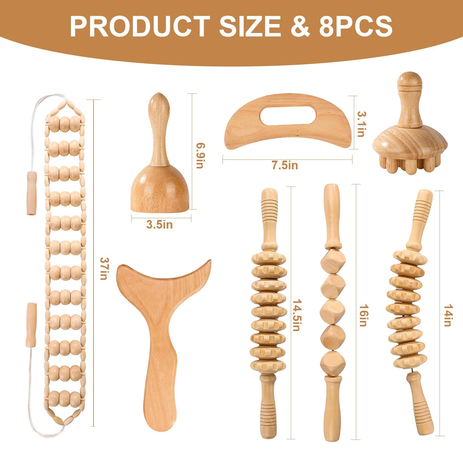 Kit de massage en bois 8 pièces – Masseur de madérothérapie pour drainage lymphatique, tonification du corps et anti-cellulite, relaxation musculaire et soulagement de la douleur