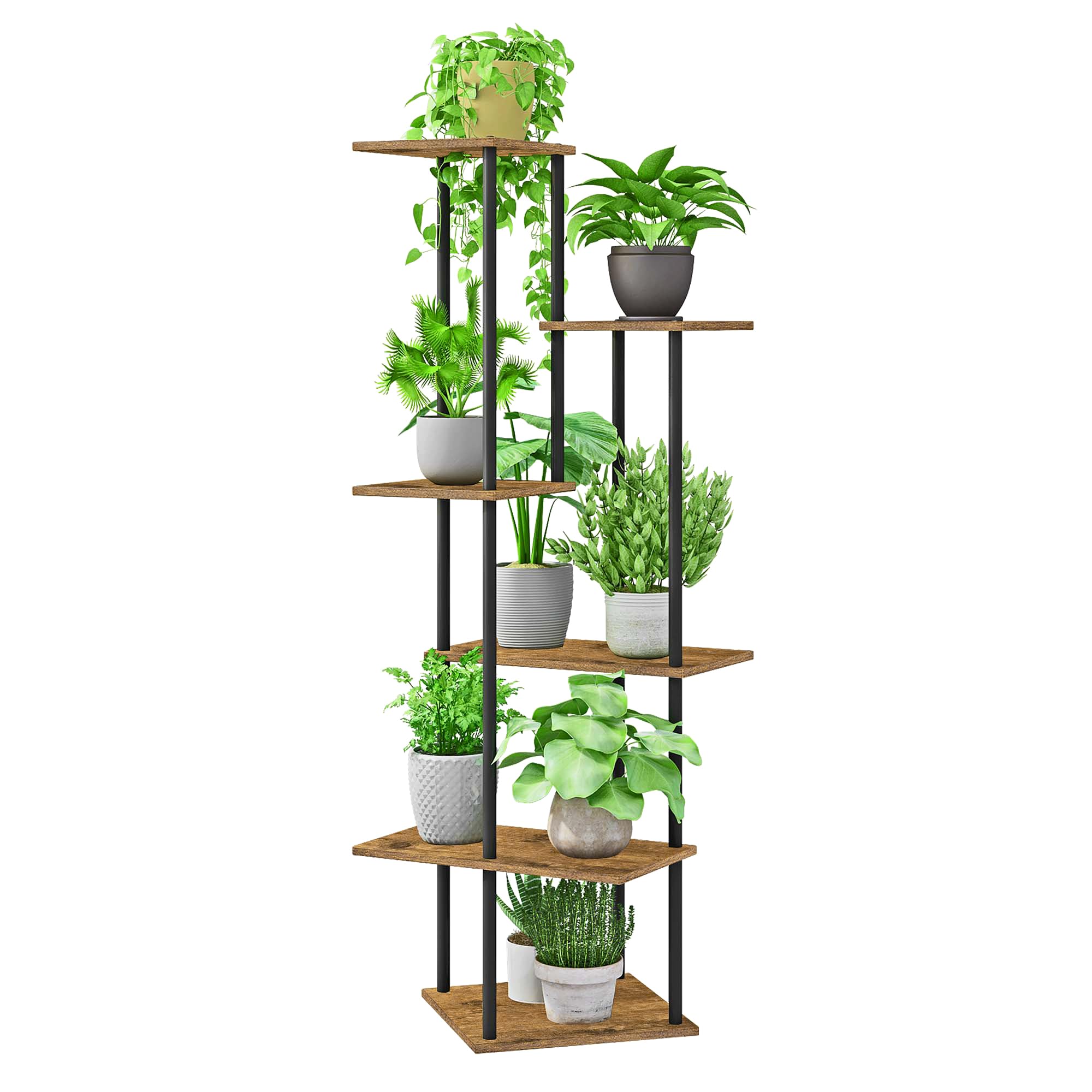 JEPRECO Plant Stand Indoor 6-Tier Metal Wood Plant Shelf for Multiple Flower Pots Corner Tall Flower Holders for Living Room Balcony Bedroom, Rustic