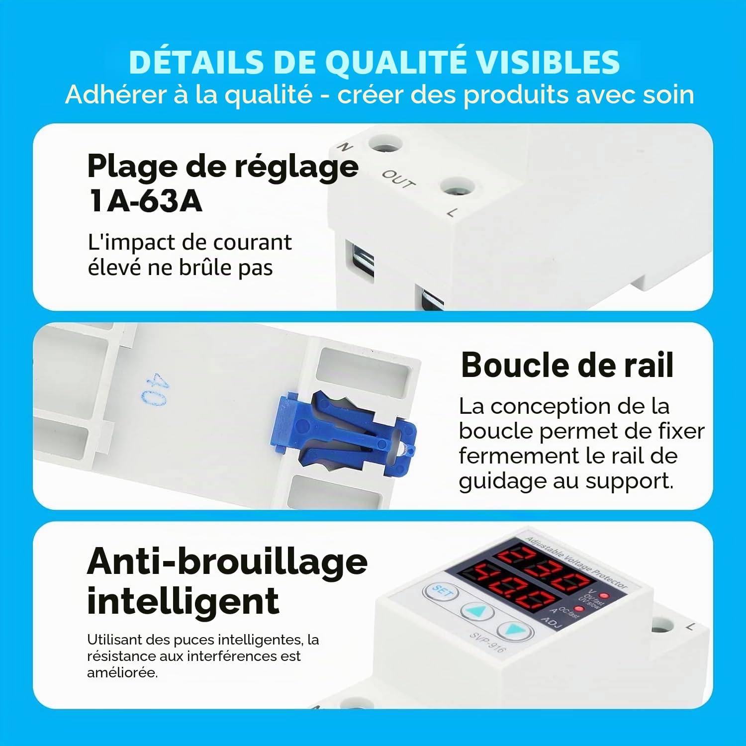 SVP-912 63A Régulateur De Tension 230v,Relais De Protection De Tension,stabilisateur de tension 230v Sous Protection Contre Les Surtensions Relais De Protection De Récupération Réglable Voltmètre