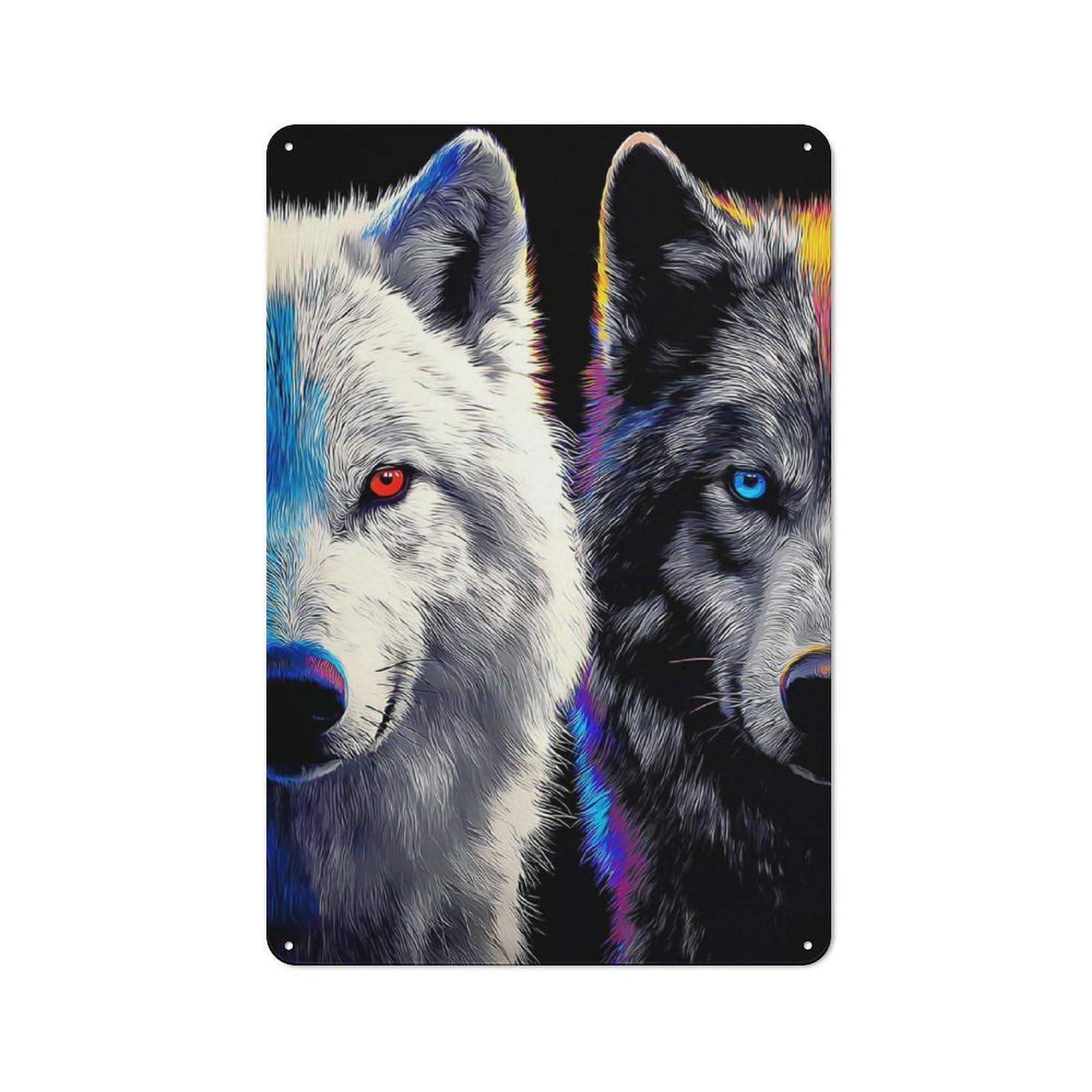 Junmoney Colorful Wolf Duo Portrait Tin Wall Plaque 30X20cm With For Home Office Or Studio, For Home Office Decor Fans
