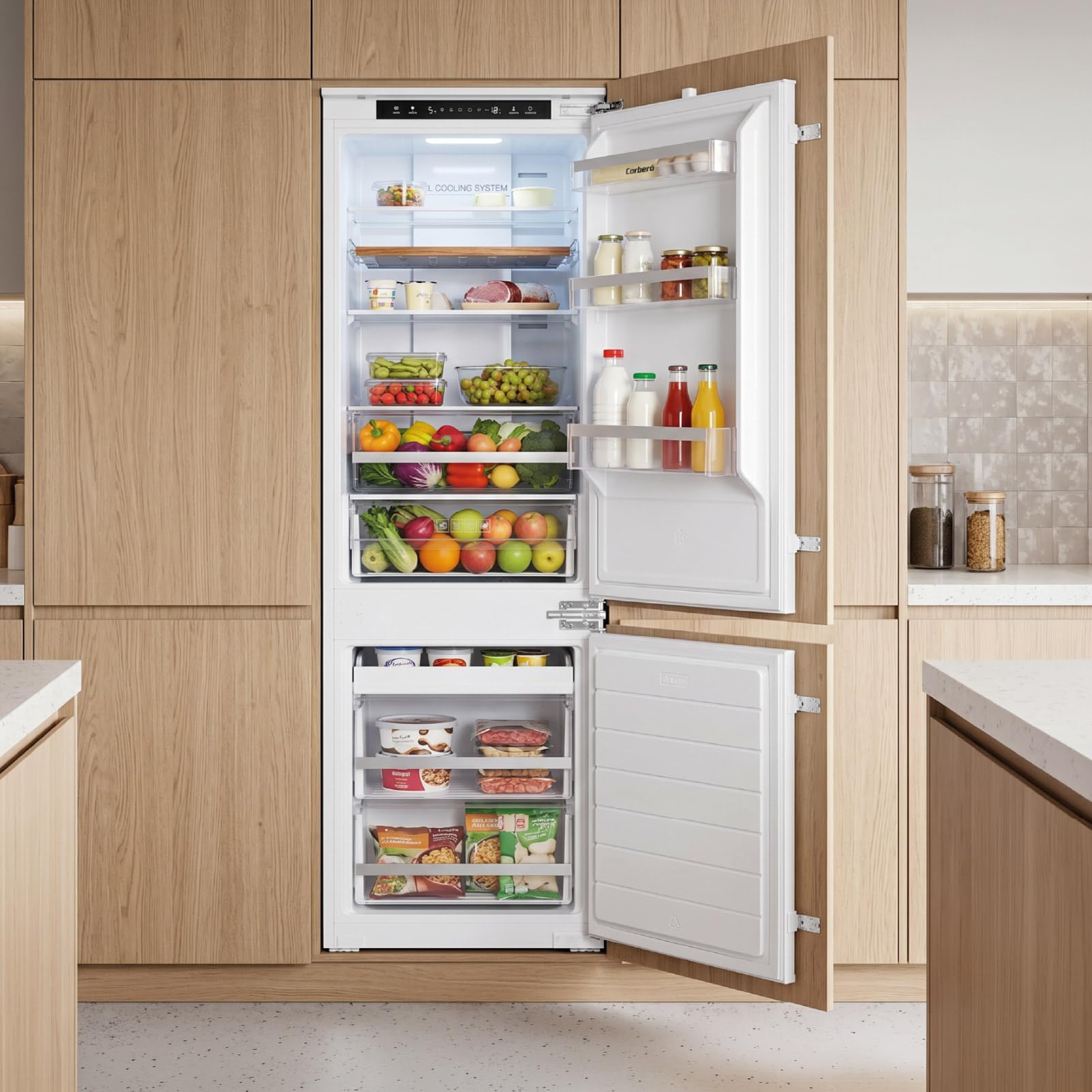 Corberó - Frigorífico Combi | CCH1756NFINT | 253 Litros | 179 cm | No Frost | Display Interior, Fresh Box | Cajón Crisper | Botellero de Madera | Modo Vacaciones | Blanco