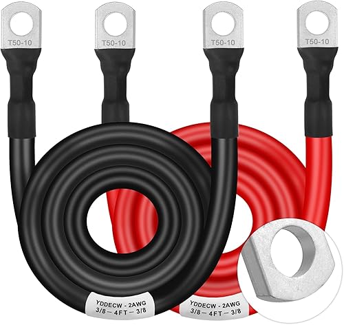 Miniatura 1 de Cable de batería de calibre 2 de 2 pies, cables inversores de energía de batería 2AWG (1 positivo y 1 negativo) con terminales de terminales de 38