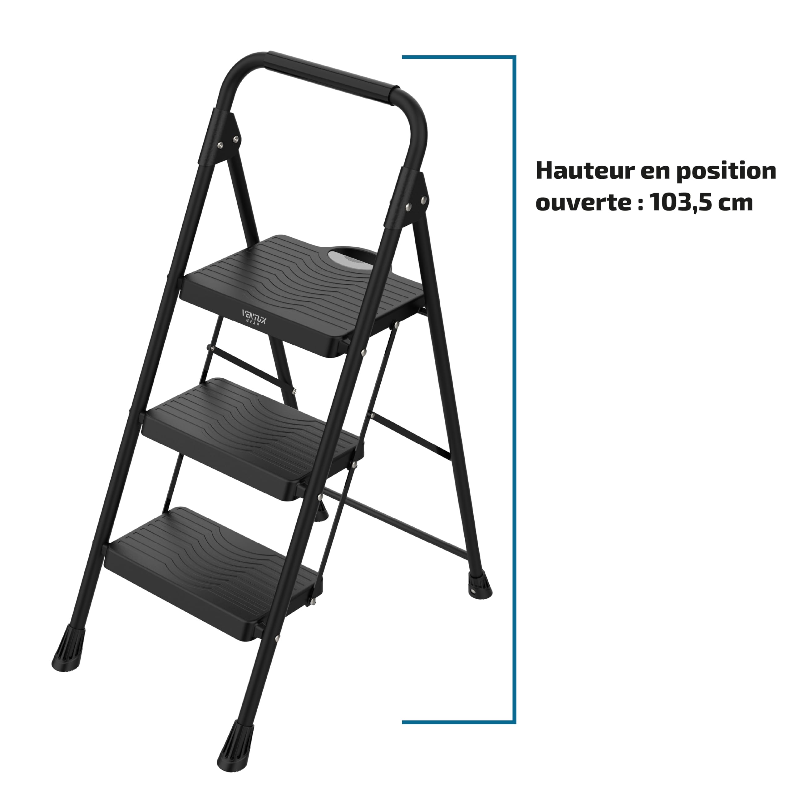Escabeau Pliant Acier – 3 Marches | Charge 150 kg | Pieds Antidérapants