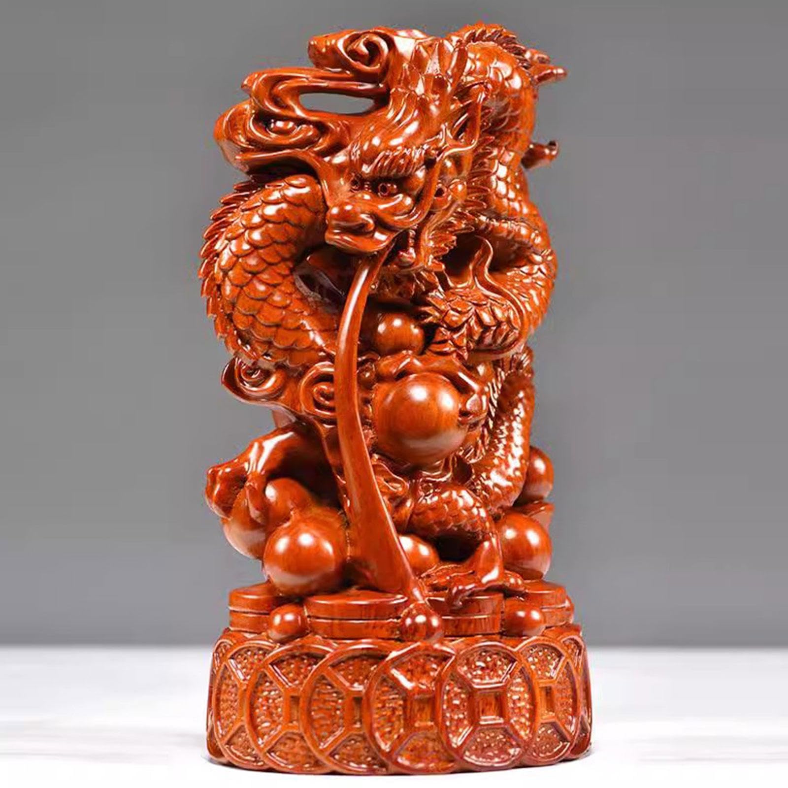Statue de Dragon Chinois | Figurine de Dragon Fengshui | Figure Animale du Zodiaque en Bois | 2024 Année de La Sculpture du Dragon pour Attirer La Chance et La Richesse,Large