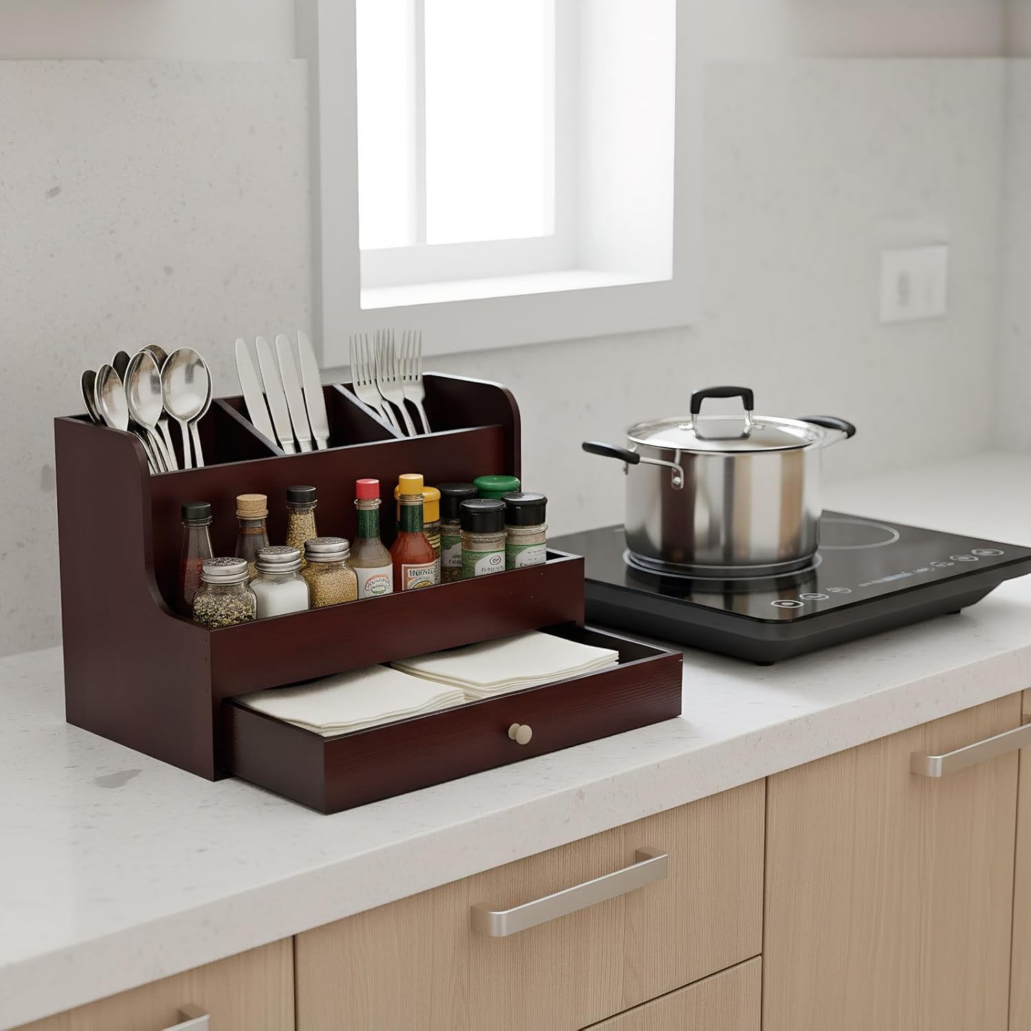 Utensil Holder for Kitchen Counter Wooden Utensil Organizer with Drawer & 3 Compartment & Tray Large Cooking Utensil Holder Rustic Spoon Holder Silverware Organizer Storage for Countertop