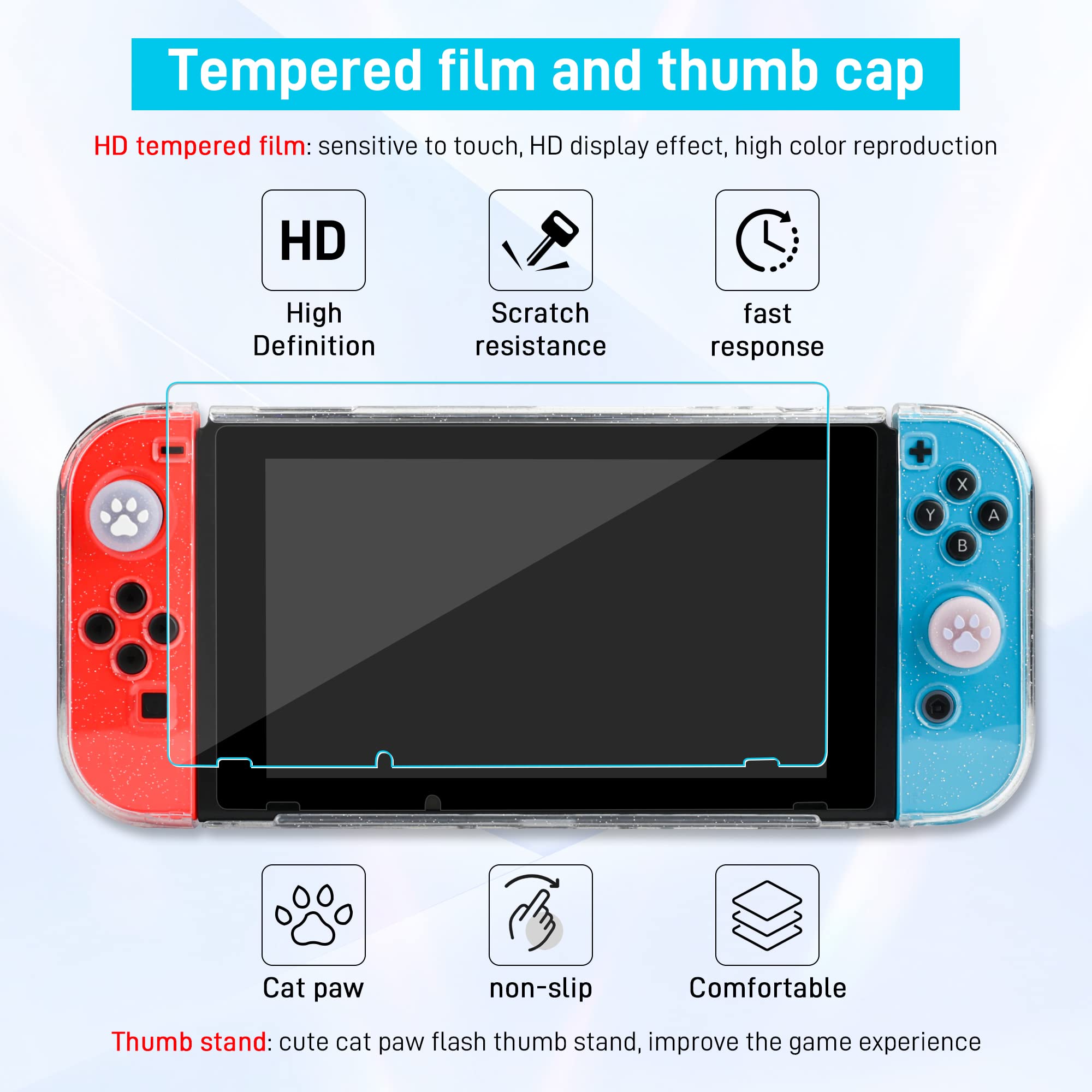 FANPL Funda con Purpurina para Accesorios de Nintendo Switch, Funda de Transporte Rainbow Sparkle para Switch y Joy con con Protector de Pantalla, 2 agarres para el Pulgar, Correa para el Hombro