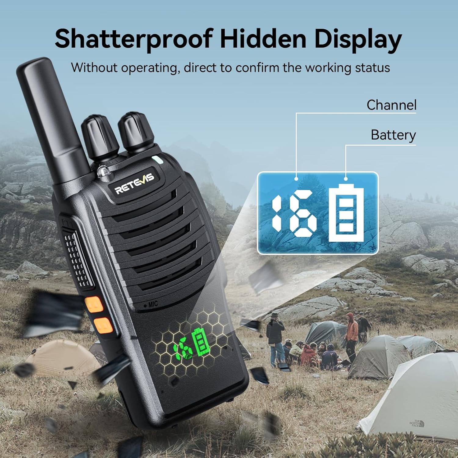 Close-up view of the Retevis H777H walkie-talkie highlighting its integrated, hidden display screen.