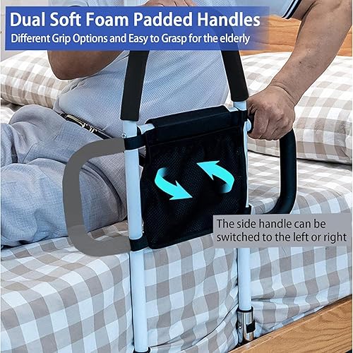 Rieles de cama resistentes para adultos mayores, barras de agarre dobles y protector de prevención de caídas y bolsillo de almacenamiento para King,