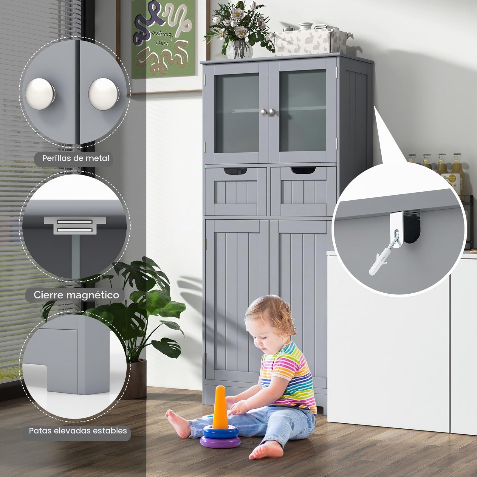GIANTEX Mueble de Baño con 4 Puertas, Armario de Suelo con 2 Cajones y 2 Estantes Ajustables, Kit Antivuelco, 60 x 30 x 128 cm, Mueble de Almacenamiento para Salón, Dormitorio (Gris)