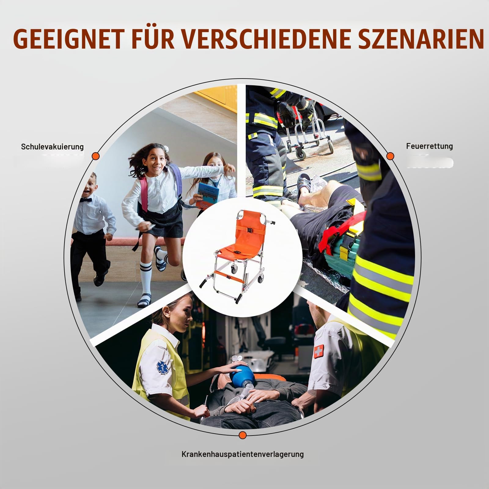 VEVOR EMS-Treppenstuhl 159kg Tragfähigkeit faltbarer Notfall-Treppensteigrollstuhl aus Alu mit 2 Rädern tragbarer Treppenlift Krankenwagen Feuerwehrmann Evakuierung für ältere Menschen und Behinderte
