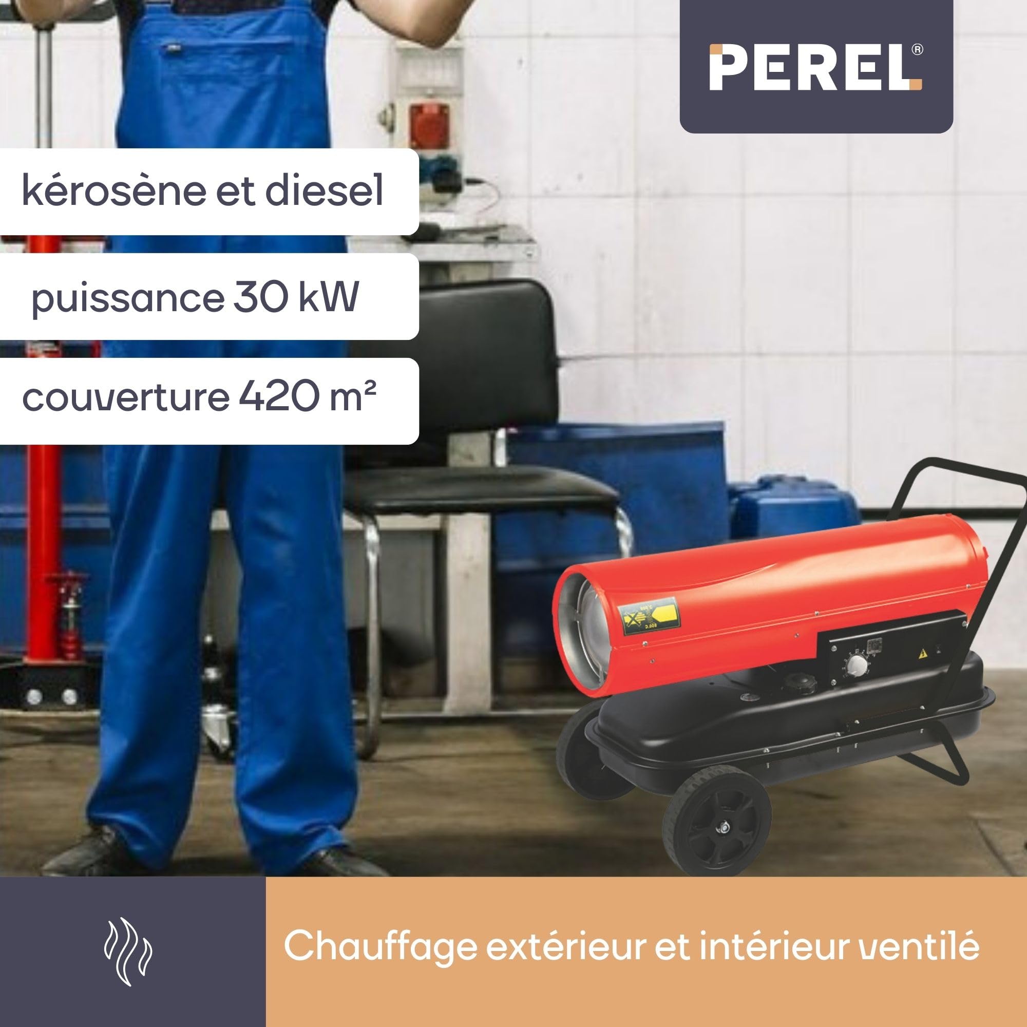 Perel Chauffage à air pulsé Diesel/kerosène, pour intérieur et extérieur, Chauffage Portable pour Chantiers, ateliers, garages et espaces industriels, Faible consommation de Carburant, Protection