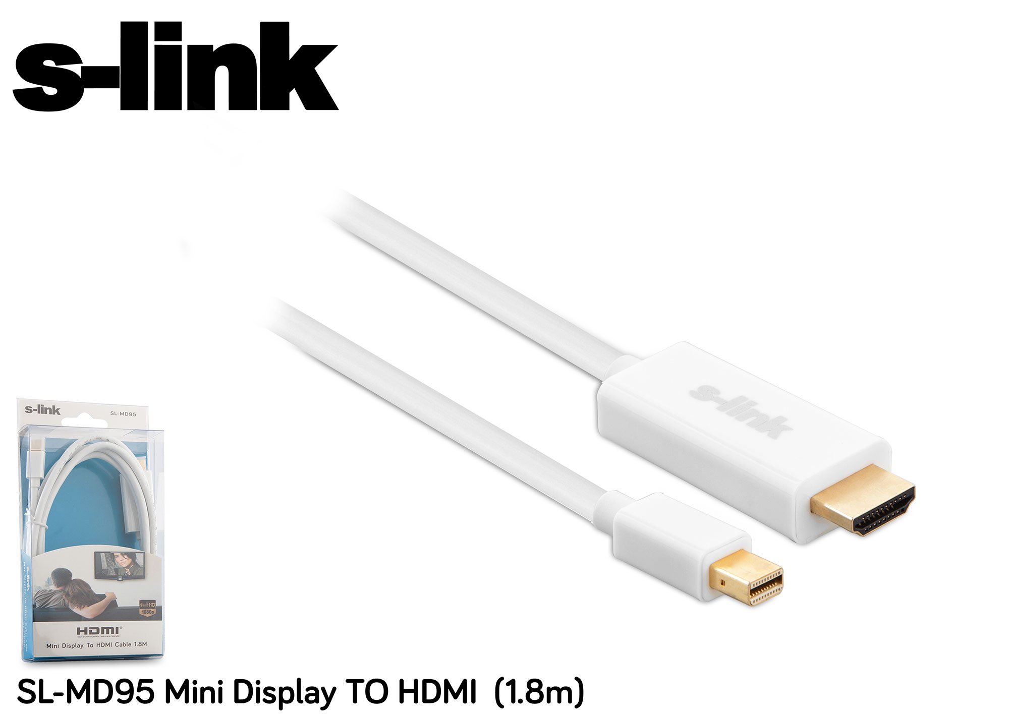 S-Link 1.8m Mini Display - HDMI 1,8 m Mini DisplayPort Biały - Adaptery kablowe (1,8 m, Mini DisplayPort, HDMI, Złoto, 5,4 Gbit/s, Biały)