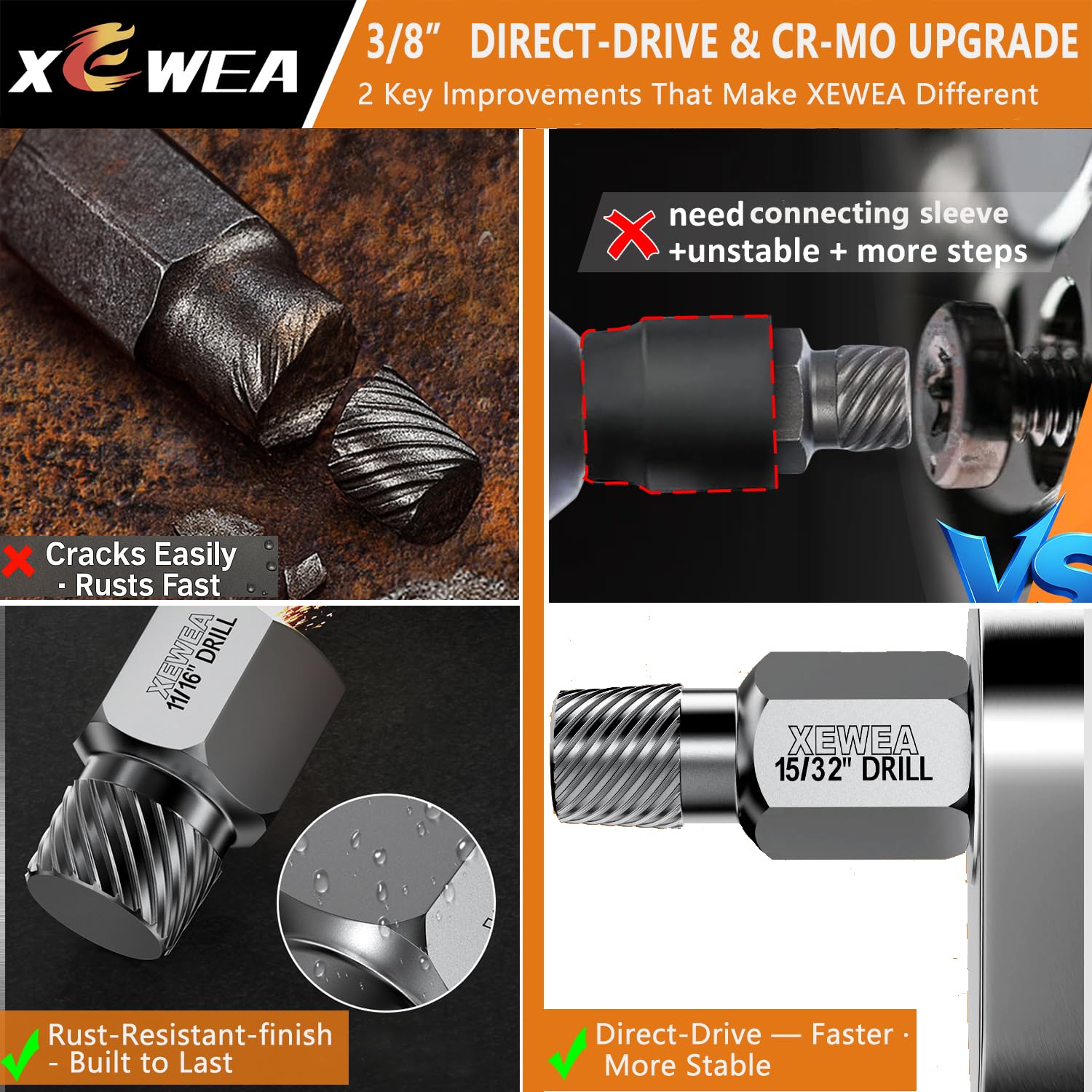 XEWEA Set di 22 estrattori per viti da 3/8", kit di rimozione dei bulloni multi-spline per bulloni rotti, dadi e viti, strumenti di estrazione CR-MO resistenti con accessori di estensione e adattatore