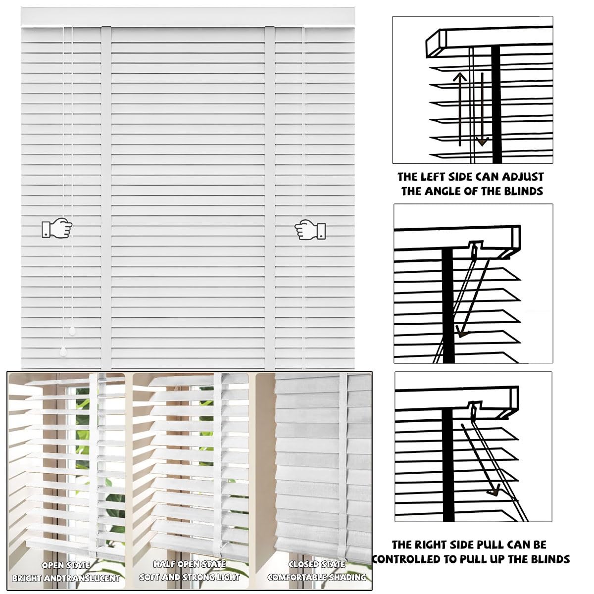 Holzjalousien für Innenfenster, Verdunkelungsrollos 95cm, 120cm, 125cm, 180cm, 185cm, 245cm, Lichtfilternde Fensterjalousien für Zuhause, Schlafzimmer, Badezimmer(Weiß)