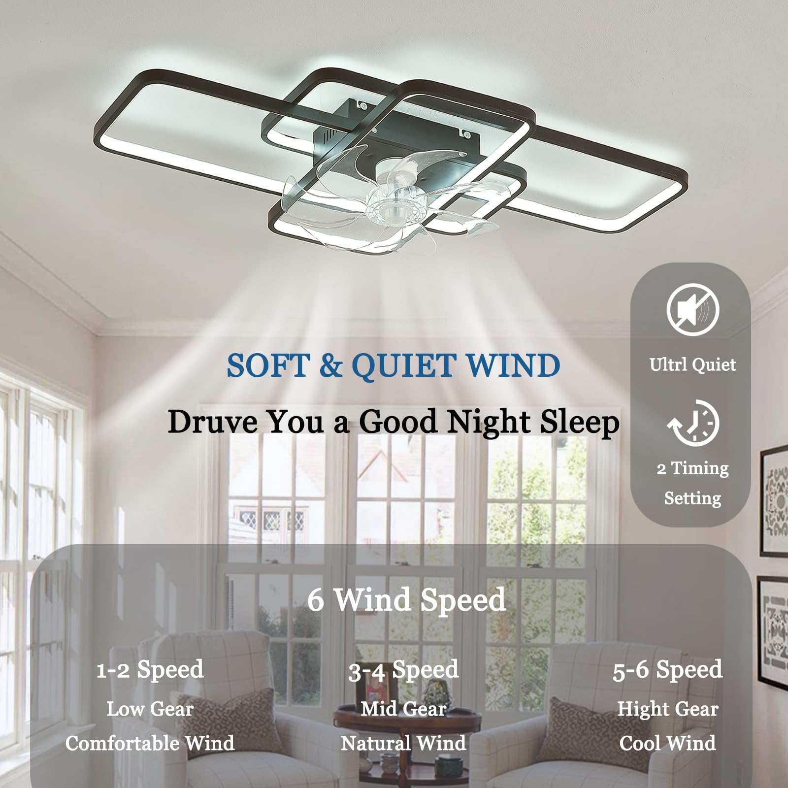 Lampadario Ventilatore da Soffitto 6 Velocità Reversibile, Moderno Ventilatore da Soffitto con Luce e Telecomando, Cameretta Dimmerabile Plafoniera con Ventilatore Soffitto Soggiorno-White|132CM
