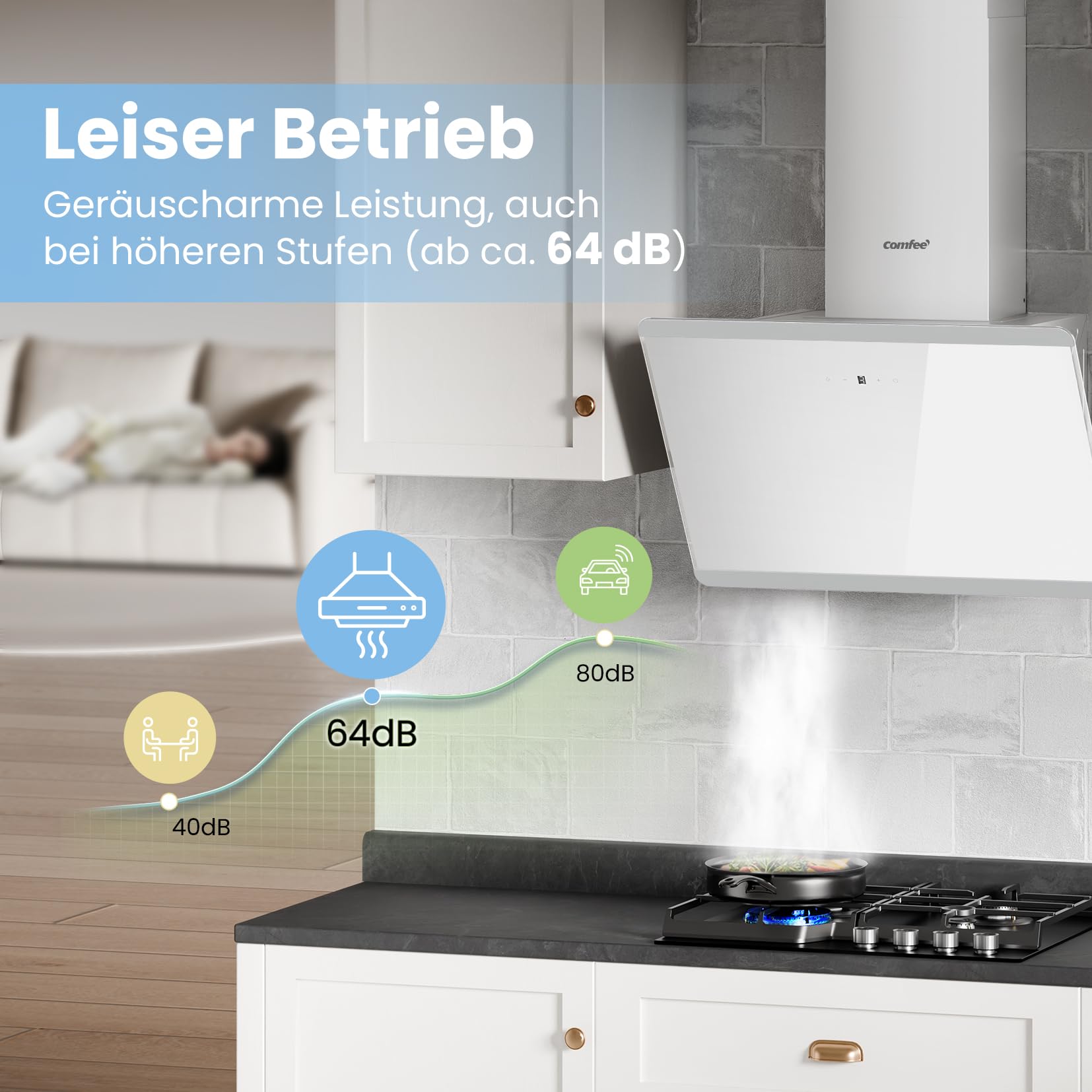 COMFEE CH60J64ET4A2W A++ Hotte aspirante 60 cm, Hotte 60 cm de convection et d'air évacué, 380 m³/h de flux d'air, design en acier inoxydable/verre avec écran tactile, LED, hotte aspirante avec filtre