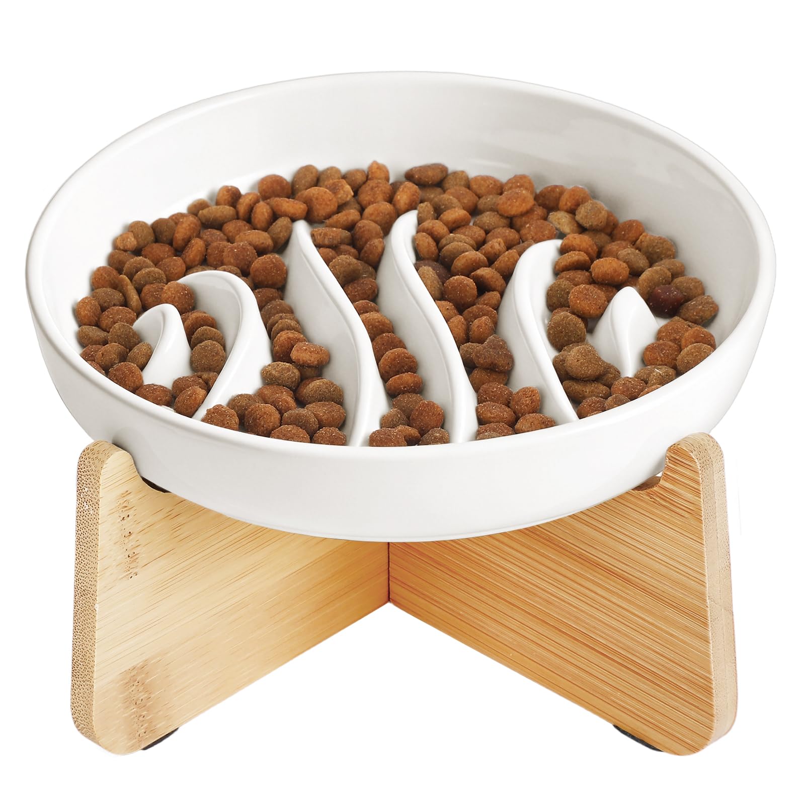 PETTOM Ceramic Slow Feed Cat Bowl, Tropical Fish Pattern, with Bamboo Stand - Raised Rim Spill-Proof Slow Feed Cat Bowl for Wet and Dry Food, Puzzle Feeder for Cats to Prevent Swallowing โ image 1