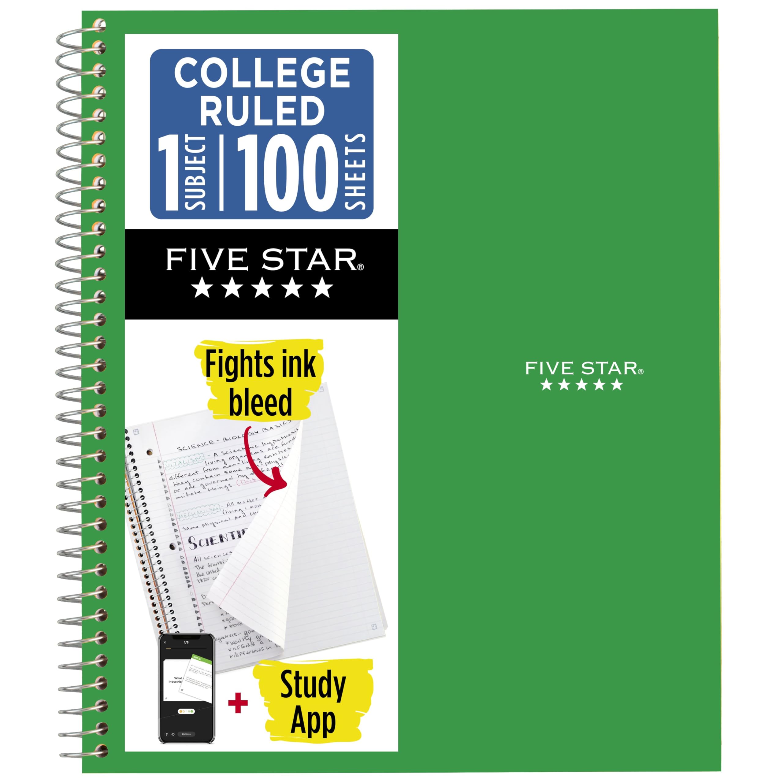 Five Star Spiral Notebook + Study App, 1 Subject, College Ruled 8.5" x 11" Paper, 100 Sheets, Forest Green (820002G)