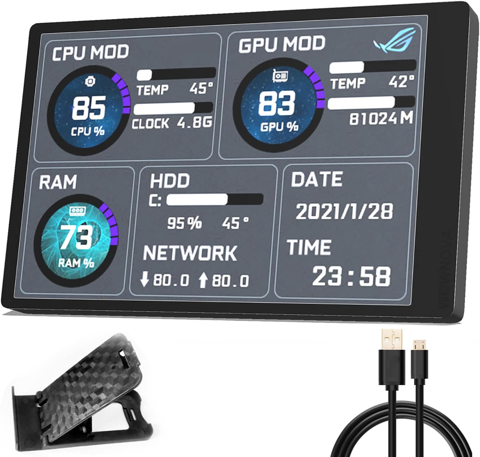 WOWNOVA English Version Computer Temp Monitor, ARGB PC Case Display, IPS USB Mini Screen, CPU RAM HDD Data Monitor