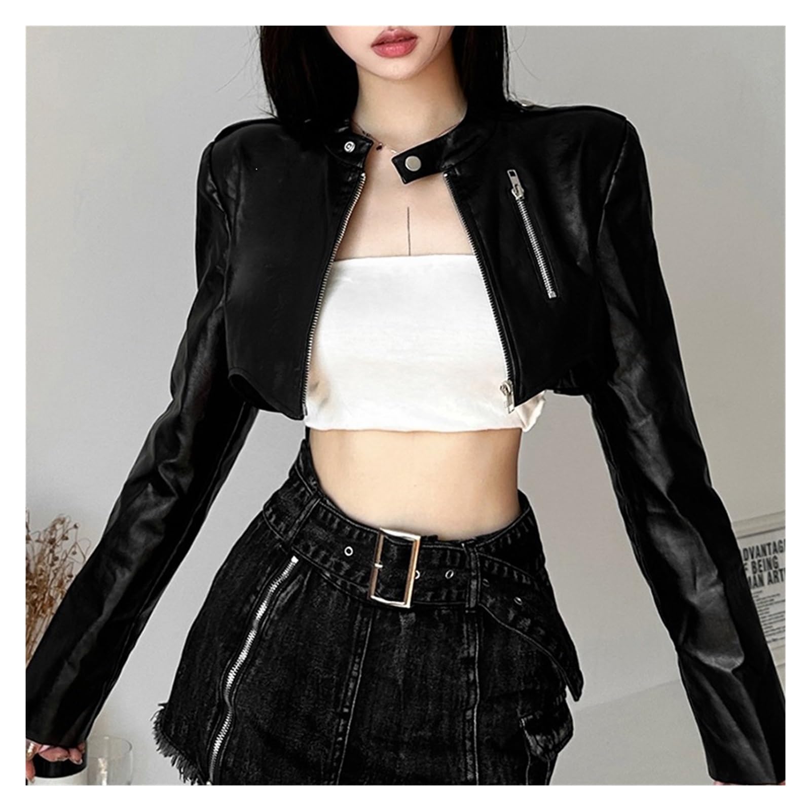 Y2K Veste Slim À Manches Longues Et Col Rond Uni Avec Fermeture Éclair