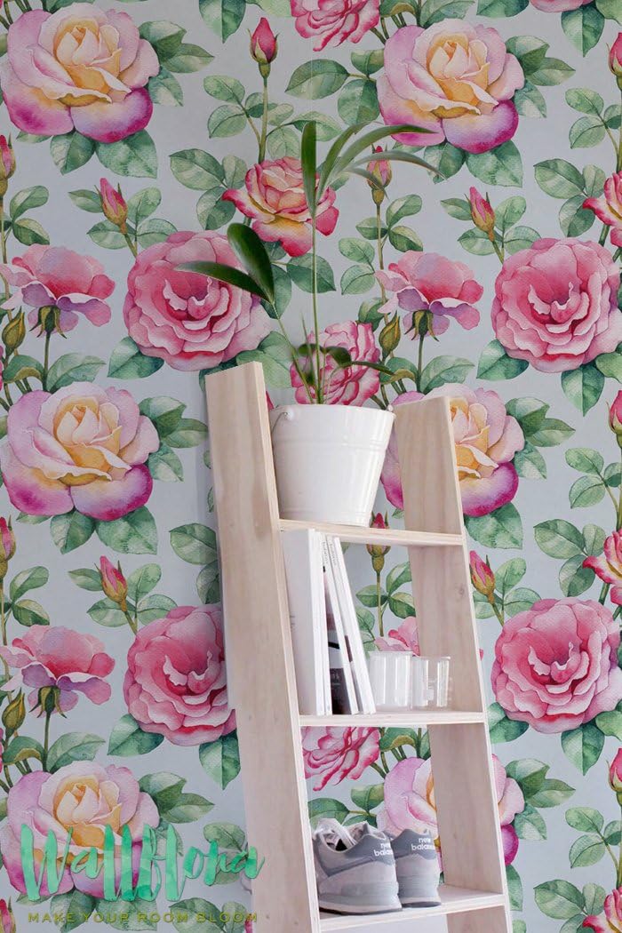 Pink And Yellow Large Rose Wallpaper | Removable Wallpaper | Self Adhesive Wallpaper | Temporary Wallpaper | Wall Sticker | Wall Decal