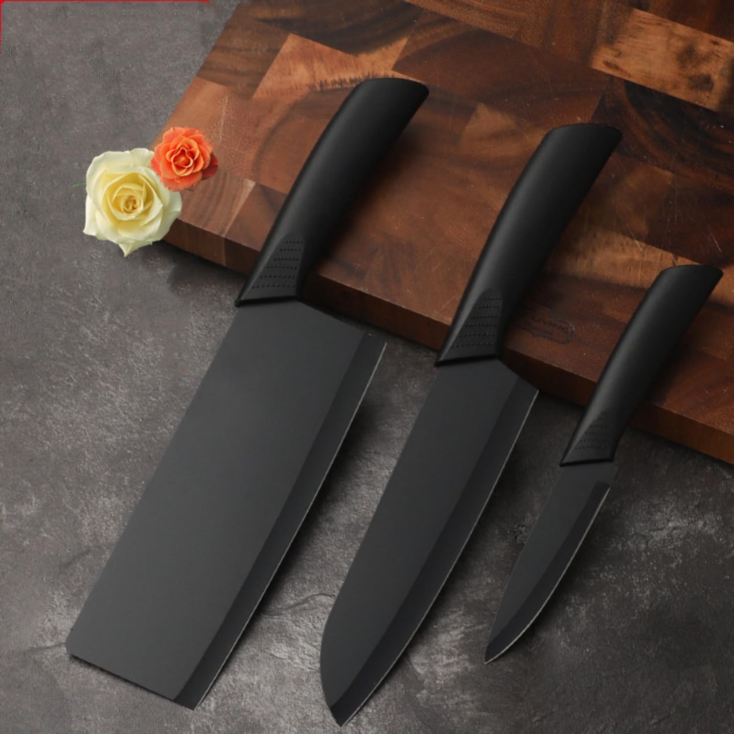 Codoule 3 Piece Black Kitchen Knife Set, Stainless Steel Chef Knife, Multipurpose Vegetable Knife, Fruit Cutting Knife, Kitchen Knife Set with Ergonomic Black Handles