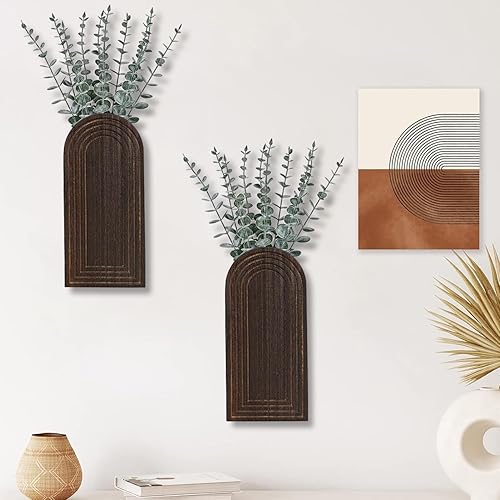 Miniatura 5 de Juego de 2 jarrones de pared de madera, acabado marrón oscuro, decoración de pared moderna de granja y bohemio para entrada, pasillo, baño, sala de