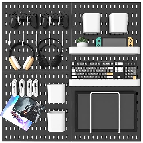 MULSAME Pegboard Combination Kit, 25.2" x 25.2" Wall Mounted Storage Set with 4 Pegboards & 20 Accessories Hanging, Peg Boards Organizer - Black - 25.2" * 25.2"