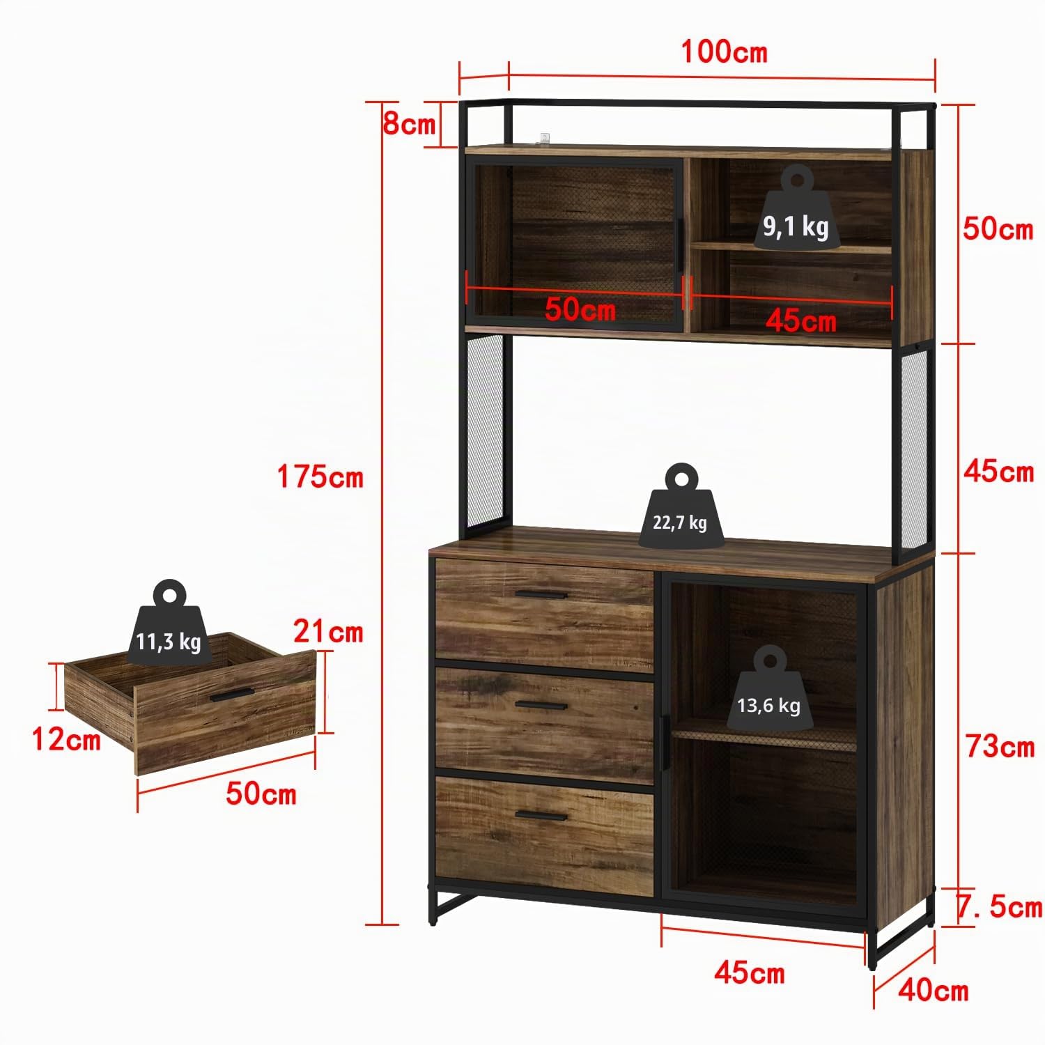 Buffet de Cuisine Industriel 100cm – Armoire Haute 175cm avec 3 Tiroirs, Porte Vitrée & Étagères Ouvertes – Meuble Métal-Bois pour Cuisine & Salle à Manger, 100×175×40cm