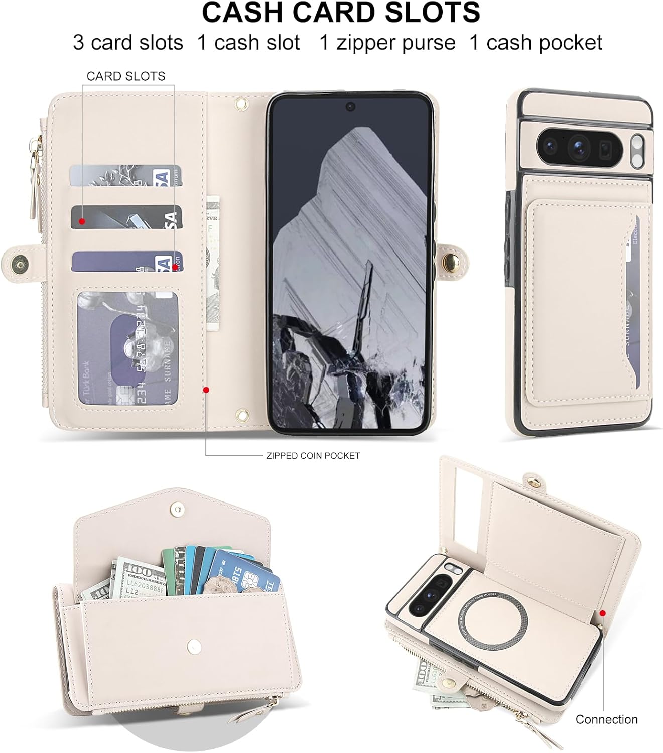 Detachable 2-in-1 Case for Google Pixel 9 - Wallet Cover with Card Slots, RFID Blocking, Compatible with Magsafe Charging and Car Mount, Wrist & Crossbody Strap.(White)