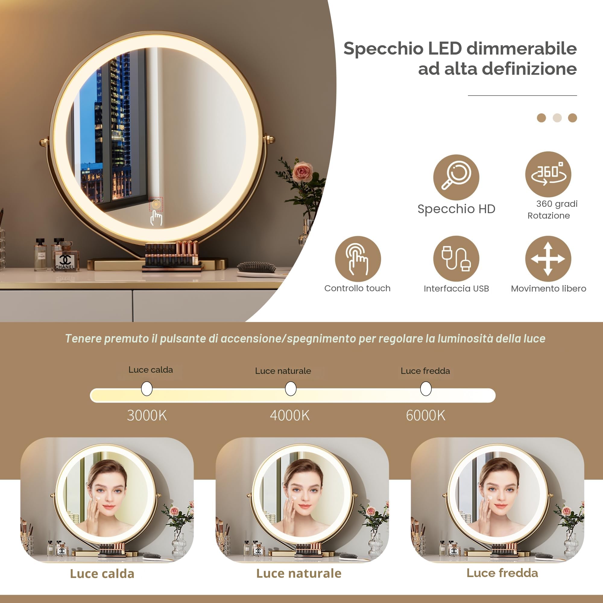 EUGAD Toeletta da Trucco con Luci LED, Luminosità Regolabile, Postazione Trucco con Specchio, 2 Cassetti in Legno, Piano Lucido 100x40 cm, Moderno, Bianco + Oro